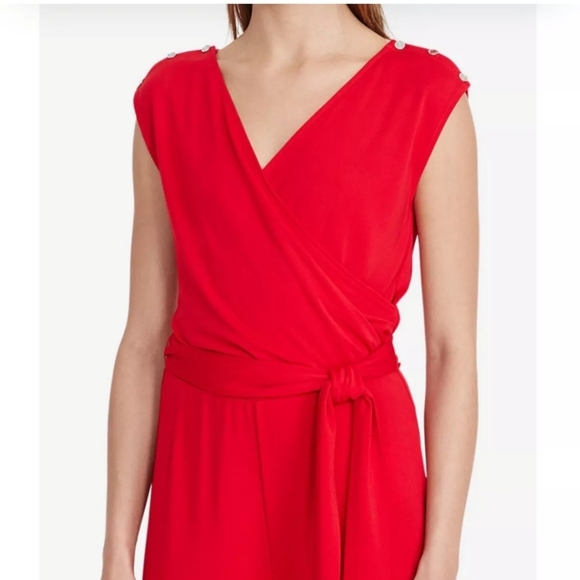 RALPH LAUREN Black Label V Neck Wide Leg Stretch Jumpsuit In Red. Size 2X NWT - Picture 3 of 11